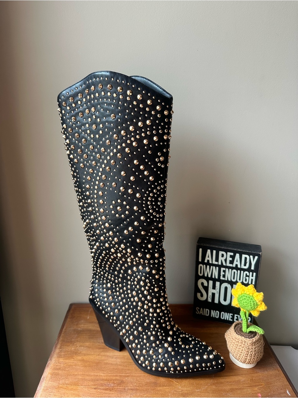 Studded Black Heeled Knee-High Boots - Elegant Western Style